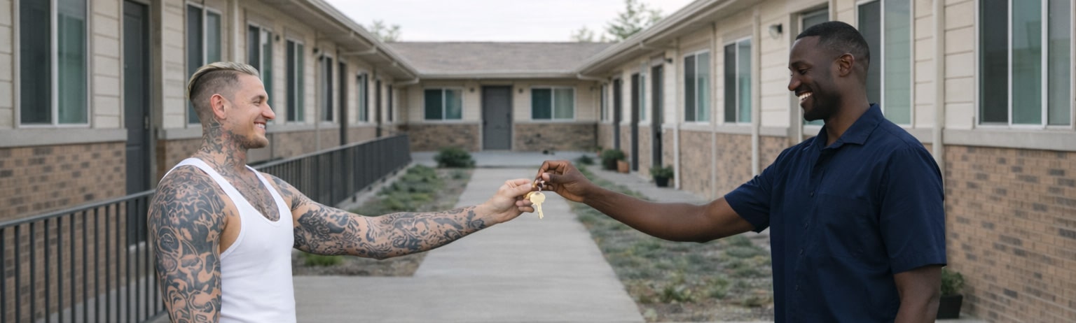 Staff member hands apartment keys to a new resident at supportive housing.
