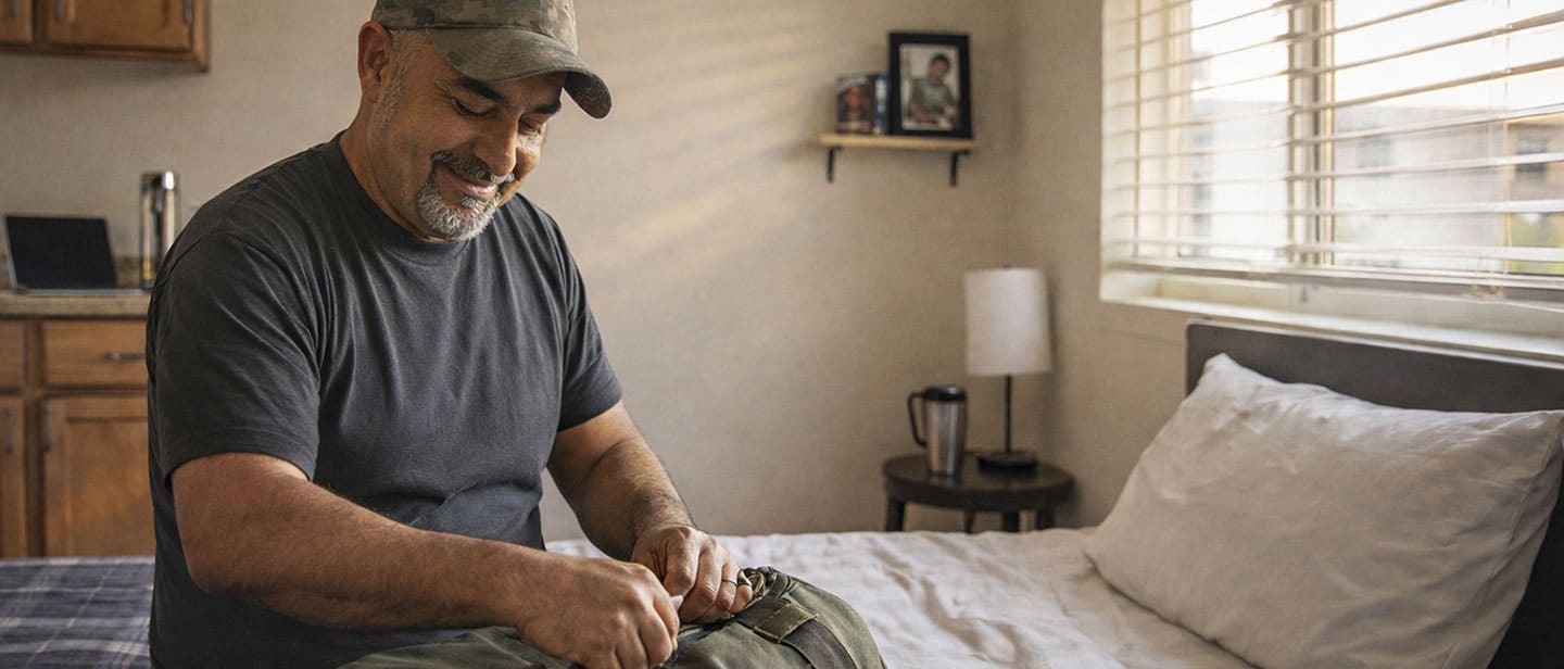 Veteran sitting on the bed in his private studio apartment at Reveille Foundation, unpacking a duffel bag in warm daylight.