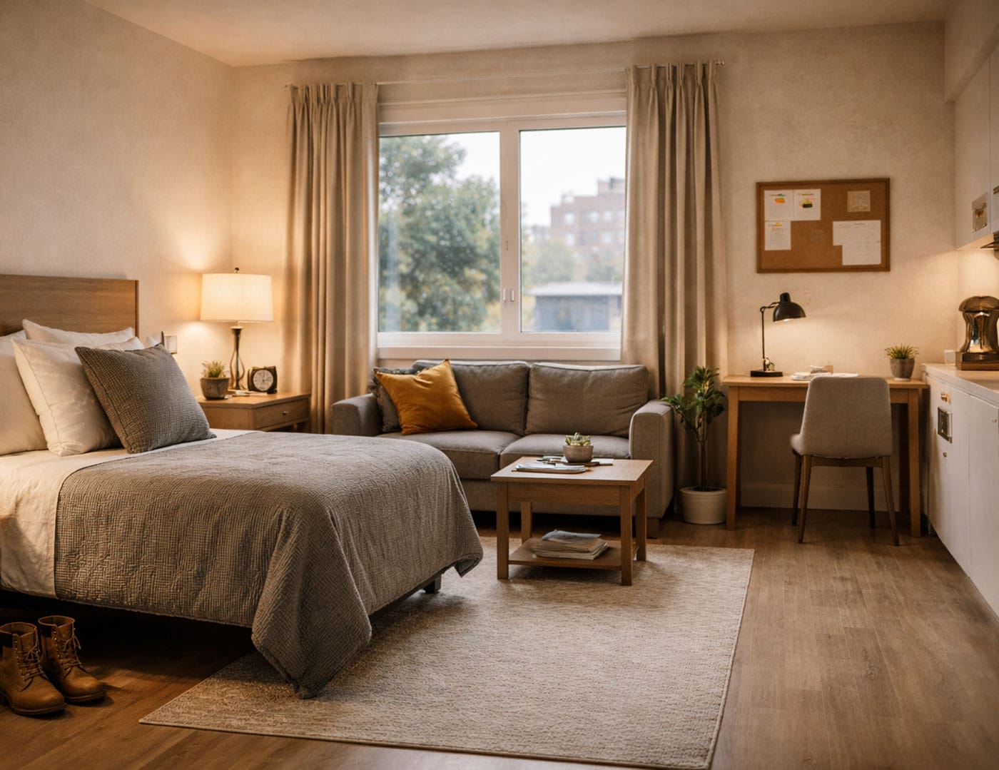 Clean, dignified studio apartment provided by Reveille Foundation for veterans and program participants in Oregon