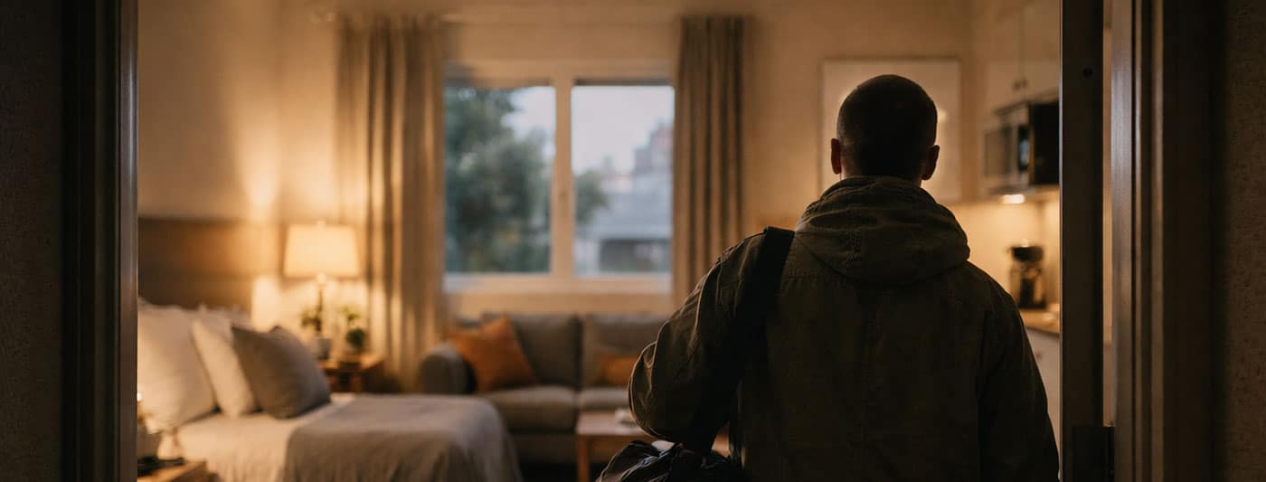 A veteran stands in the doorway of a new private studio apartment provided by Reveille Foundation in Oregon