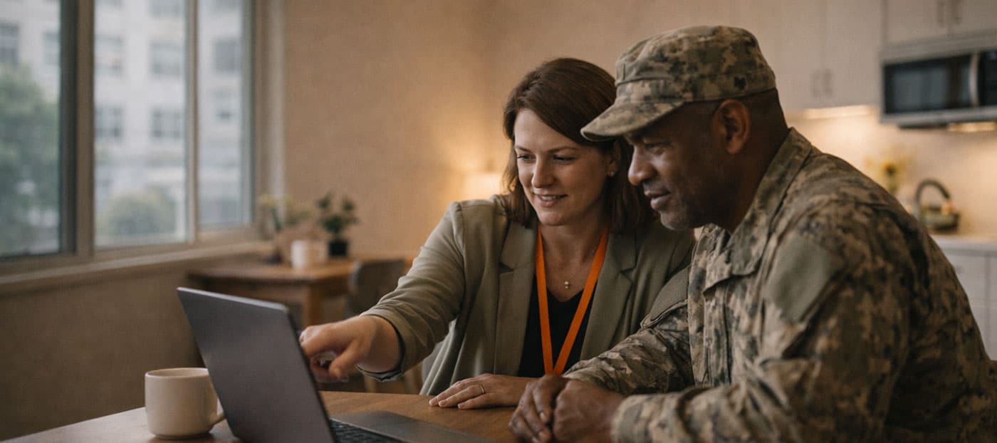A Reveille Foundation navigator helps a veteran search for resources on a laptop.