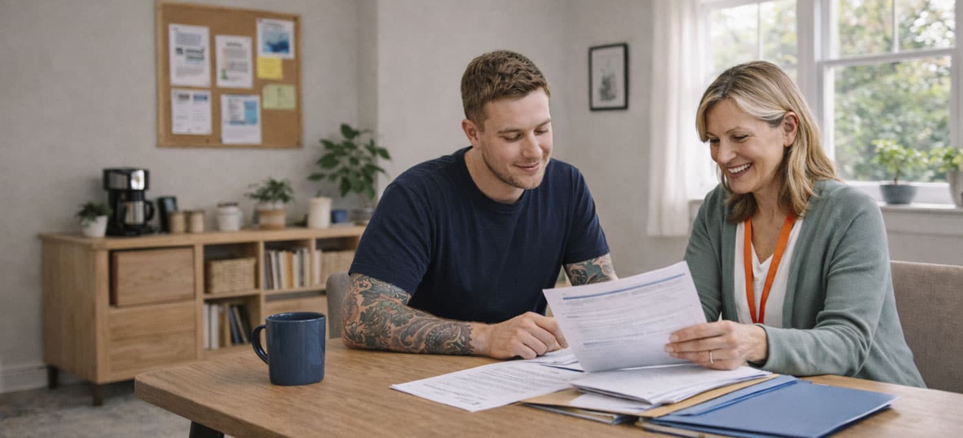 A caseworker helping a veteran or program participant navigate benefits and stability services at Reveille Foundation